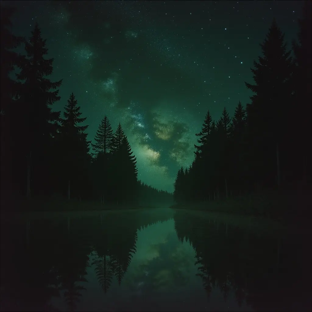 a lake in between a forest at night with gazing stars