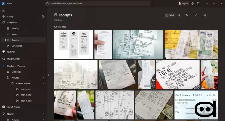 A photo showing Windows Photos app categorizing images of Receipts using the AI powered Auto-categorization feature.
