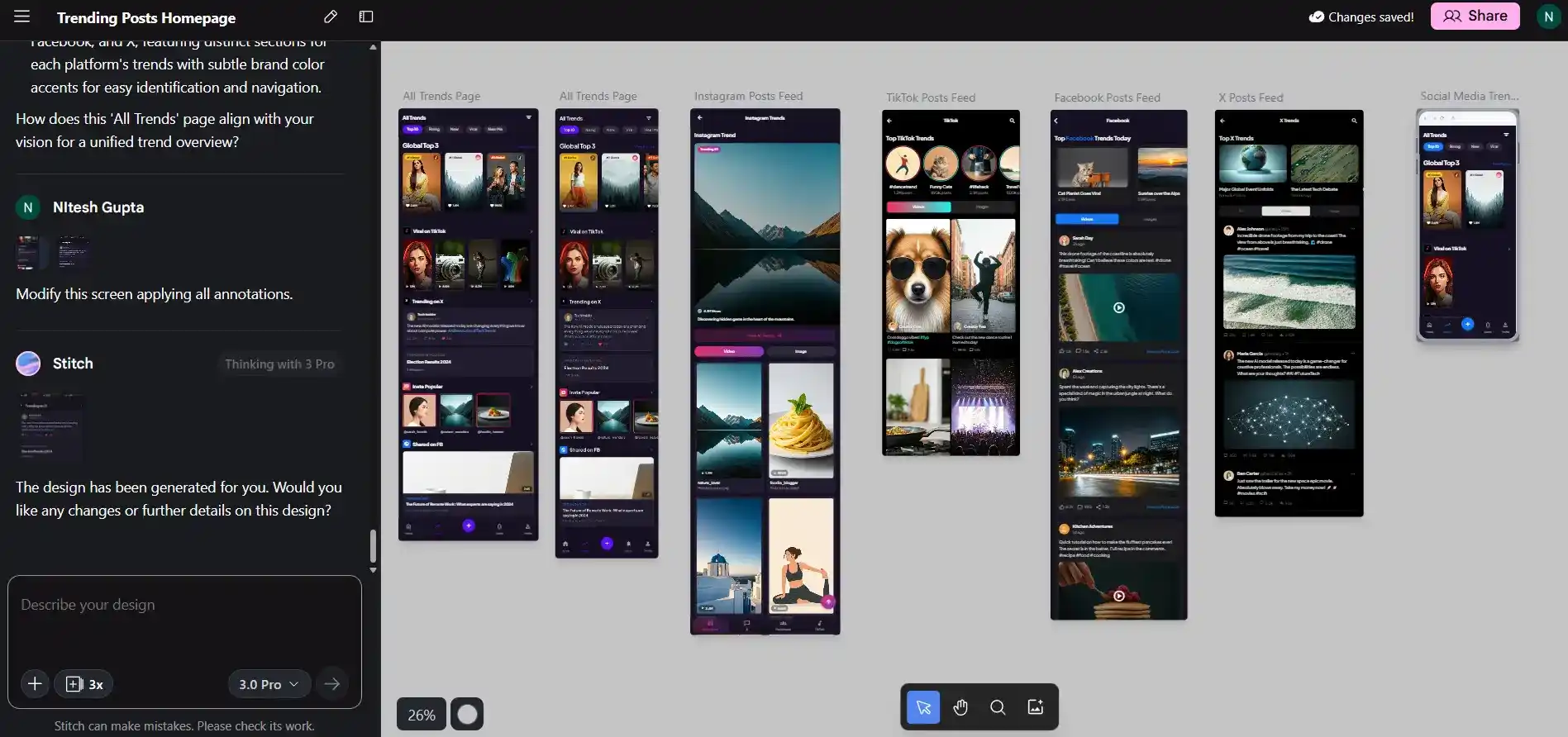 Social app wireframe created by Google Stitch app