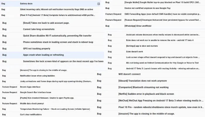 android 17 bugs in google issue tracker
