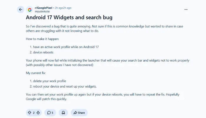 android 17 widgets and work profile bug