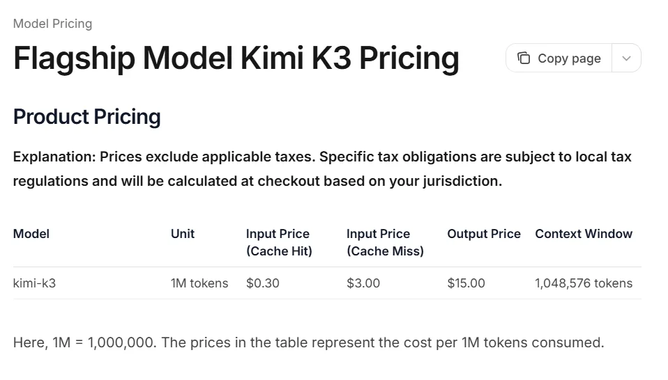 kimi k3 model pricing